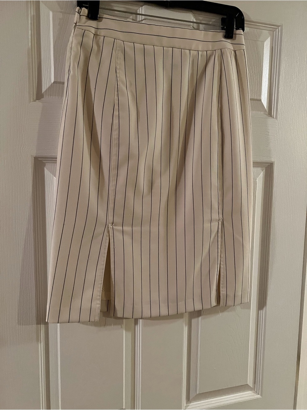 Moda International Cream Pencil Skirt with Navy Pinstripes and Front Slits